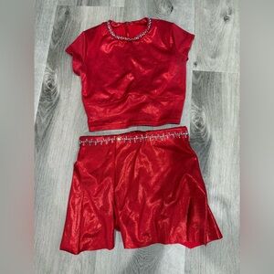 Jazz Girls Shiny Metallic Red Red Two-Piece Dance Costume with Rhinestoned Trim